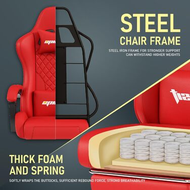 Ігрове крісло Ергономічне ігрове крісло з поперековою опорою, дихаюче офісне крісло зі штучної шкіри, зручне комп&39ютерне крісло, вантажопідйомність 200 кг, регульована висота сидіння та спинки (червоне)