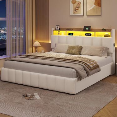Ліжко зі світлодіодним освітленням, гідравлічне ліжко 140 x 200 см, м&39яке ліжко, узголів&39я з полицею та місцем для зберігання речей, каркас ліжка з рейковою основою, зручне, для спальні, гостьової кімнати, PU білий 140 x 200 білий