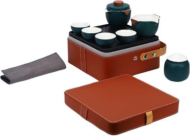 Набір для чаювання в стилі гунфу, преміальна кераміка, портативне зберігання, дорожній набір для чаю. Темно-зелений керамічний чайник з чашками та скринькою для чаю для подорожей, дому та офісу