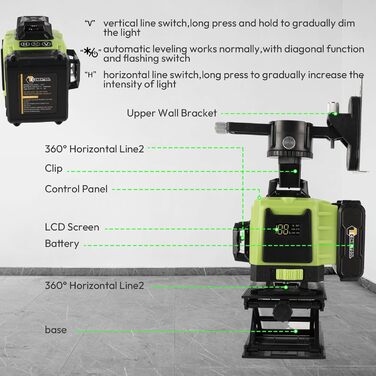 Поперечний лазер, зелений самовирівнюючий лазерний рівень 4x360 градусів, 4D 16 лінійний лазер з акумулятором 2 шт. , магнітний настінний кронштейн, поперечний лазерний будівельний лазер IP54 для внутрішніх і зовнішніх будівельних майданчиків