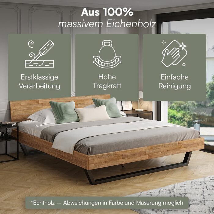 Ліжко Skølm Alver з масиву дерева 180x200 см каркас ліжка з масиву дуба, обробленого олією дерев&39яне ліжко з чорними металевими ніжками високоякісне ліжко з однією опорою для узголів&39я каркас ліжка, що підходить як двоспальне ліжко 180x200 см, узголів