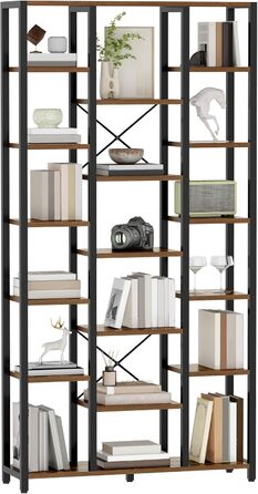 Книжкова полиця Hzuaneri, стояча полиця з 7 рівнями та 18 полицями, регульовані відкриті полиці, для вітальні, офісу, спальні, 30 x 100 x 202 см, вінтажний коричнево-чорний, BC15601B 30 x 100 x 202 см вінтажний коричнево-чорний