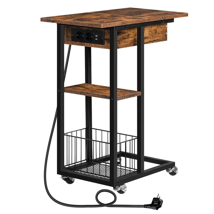 Журнальний столик HOOBRO із зарядною станцією, відкидний С-подібний диван-столик, журнальний столик на колесах та полиця для зберігання, тумбочка для вітальні, спальні, темно-коричневий EBF022SF01G1