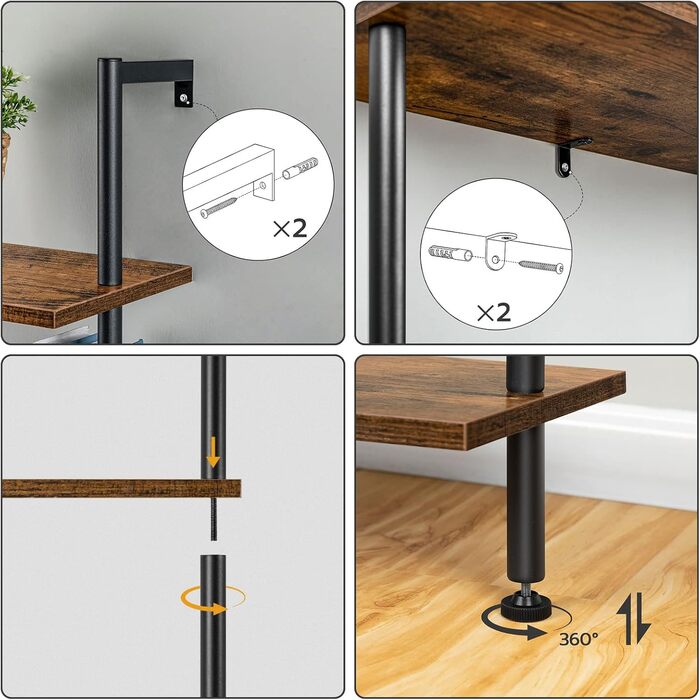 Рівнева книжкова полиця HOOBRO своїми руками, промислова драбина, полиця з ДСП, вертикальна полиця зі стабілізуючою металевою рамою, для домашнього офісу, вітальні, темно-коричневий EBF65CJ01 60 x 24 x 200,5 см темно-коричневий чорний, 6-