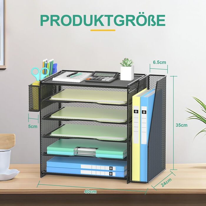 Настільний органайзер OUTWOLF з тримачем для файлів, 6-ярусні лотки для листів з 1 вертикальним відділенням, 1 тримач для ручок, сітчастий настільний органайзер, тримач для журналів та офісного приладдя, зберігання документів, чорний