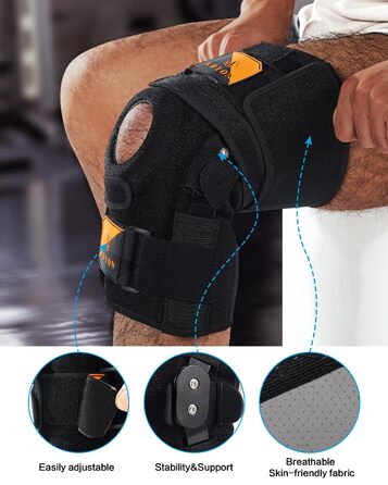 Колінний бандаж ABYON, регульований колінний бандаж для чоловіків та жінок, шарнірні пружини, подвійні посилені бічні стабілізатори, підтримка при артриті, розриви меніска (M) середній чорний