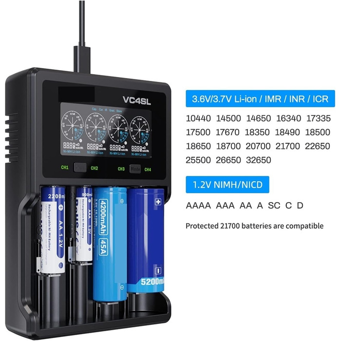 Зарядний пристрій USB C 18650 battey QC3.0 для швидкої зарядки літій-іонного акумулятора 18700 20700 26650 21700 AAA AA VC4SL для автомобіля, газонокосарки, мотоцикла, човна