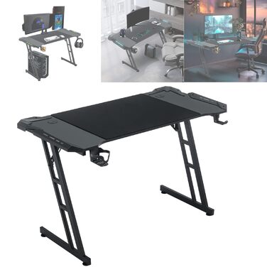 Ігровий стіл 160x60 см зі світлодіодним освітленням, ергономічний комп&39ютерний стіл Z-подібної форми з гачком для навушників, підставкою для склянок та виглядом з вуглецевого волокна, ігровий стіл для ПК, ноутбука та ігор - чорний 160 x 60 см - зі світл