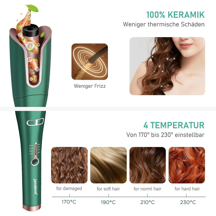 Автоматична плойка, автоматична плойка Janelove великі локони для довгого волосся, негативний іонний бігуді з 4 температурами 25 м