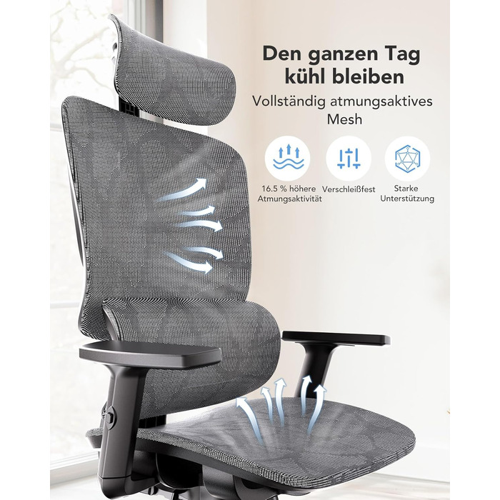 Ергономічне сітчасте офісне крісло HUANUO, стілець з високою спинкою та регульованою поперековою опорою, підлокітники, функція нахилу, сітчасте ігрове крісло для комп&39ютера