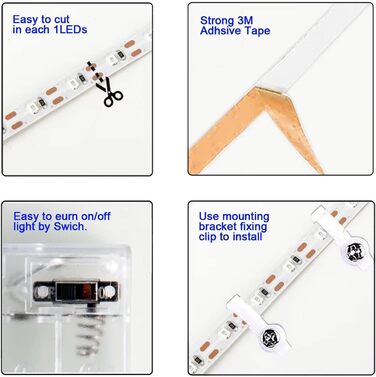 Світлодіодна стрічка JUNWEN з живленням від батареї, 5 В, денне світло, вирізане за розміром, 13,2 фута з 240 світлодіодами, портативне освітлення, 3 батарейки типу АА (не входять у комплект), не водонепроникний, 2 упаковки по 6,6 футів кожна. (Теплий біл