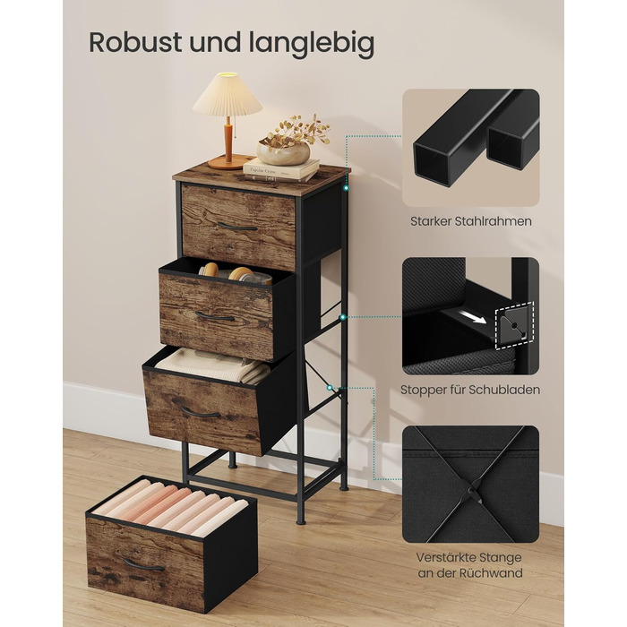 Комод SONGMICS, шафа, 4 тканинні шухляди, шафа для зберігання, сталь, МДФ, неткане полотно, для спальні, коридору, вітальні, вінтажний коричневий-чорний LGS314BH04 4 шухляди вінтажний коричневий чорнильний