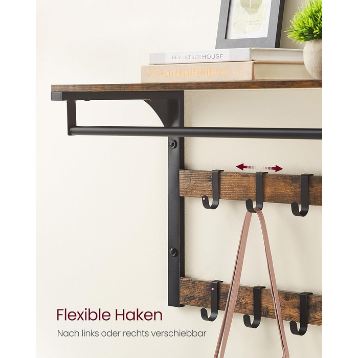 Настінна вішалка VASAGLE, з полицею, настінна полиця з 10 знімними гачками, підвісна полиця, настінне кріплення, 2 вішалки, вішалк
