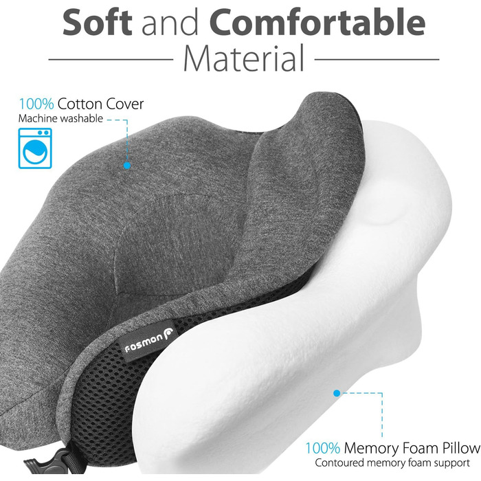 Дорожня подушка Fosmon з берушами, м&39яка зручна дорожня подушка з піни з ефектом пам&39яті для підтримки голови та підборіддя, 100 бавовна, чохол, який можна прати в пральній машині, для подорожей - темно-сірий/чорний (сітка)