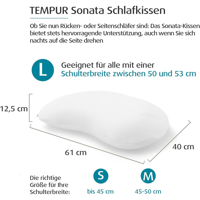 Подушка TEMPUR Sonata з піни з ефектом пам&39яті, ергономічна подушка для підтримки шиї для сну на спині та боці, жорстка, L (61 x 40 x 12,5 см), біла
