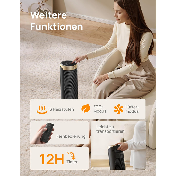 Енергозберігаючий вентилятор-обігрівач Dreo, керамічний PTC нагрівач, тихий, коливальний електричний обігрівач 70 з пультом дистанційного керування, 12-годинний таймер, 3 режими, 3 швидкості, захист від перегріву та перекидання, Solaris Slim H3 Standard G