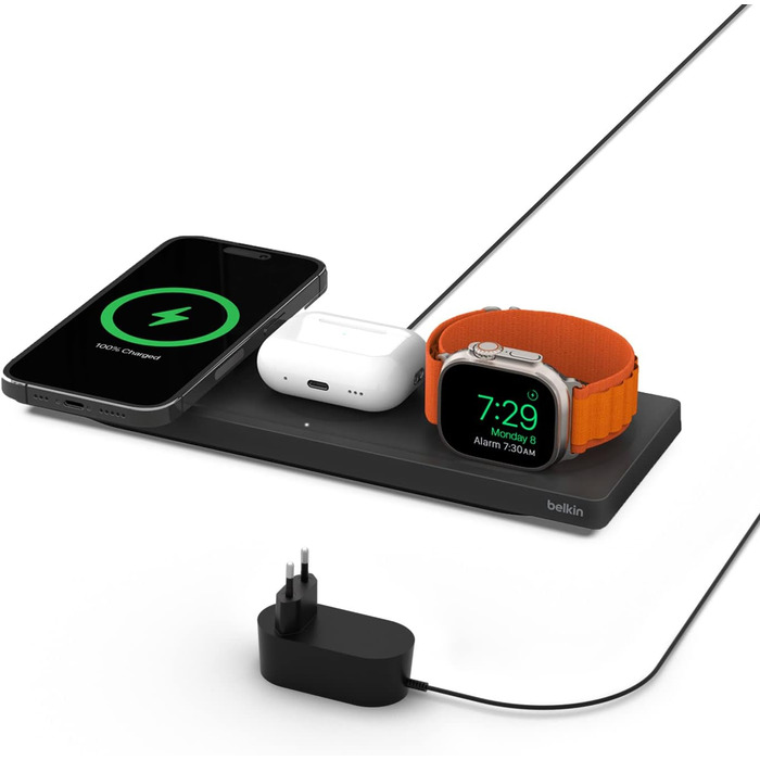 Бездротовий зарядний пристрій Belkin MagSafe 3-в-1, MFi-сертифікована зарядна панель, зарядна станція MagSafe для iPhone 16, iPhon