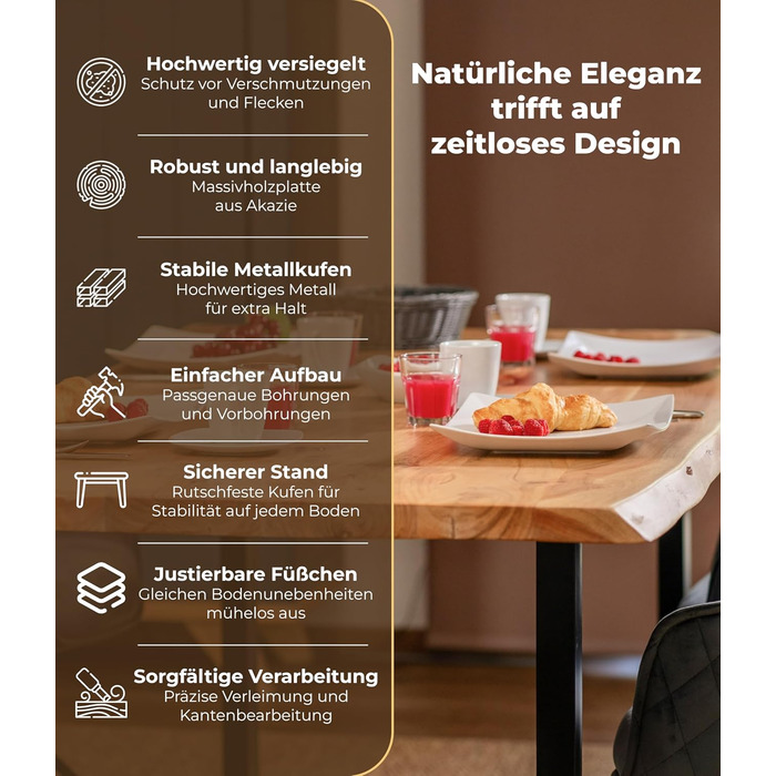 Стіл з натуральним краєм 140x80 см Товщина стільниці 3,6 см Обідній стіл з масиву акації з U-подібною основою, справжнім натуральним краєм, натурального кольору Ручна робота та міцний Доставка до потрібного вам місця включена. Коричневий 140 x 80 см (з U-