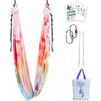 Комплект для йоги F.Life Aerial Yoga Hammock - Йога-гойдалка різнокольорова, 5 ярдів - Літаюча йога, включає ланцюжок з ромашок, карабін та посібник з поз, Bunte Wolken