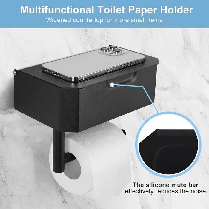 Тримач для туалетних рулонів без свердління, чорний тримач для туалетних рулонів з коробкою для вологих серветок, тримач для туале