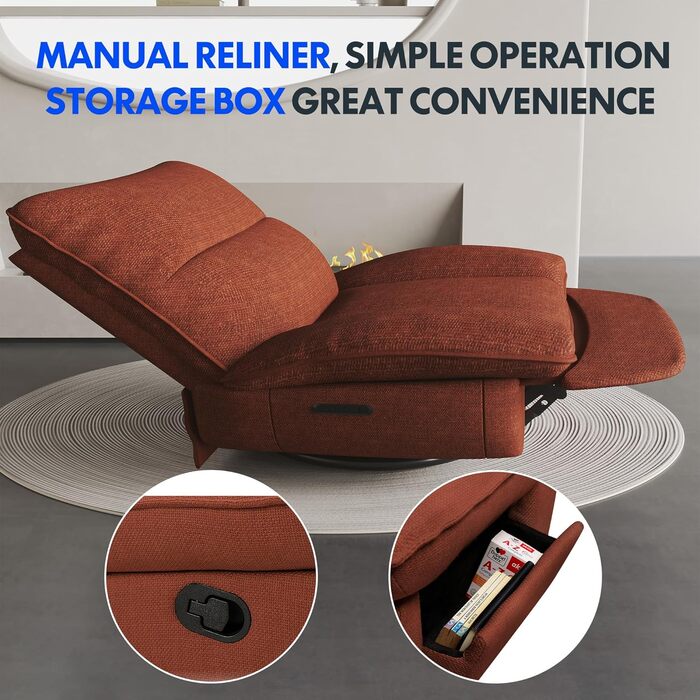 Крісло з ручним керуванням, Крісло-ліжко, Обертове крісло з функцією гойдання, Крісло-гойдалка для вітальні, Крісло для телевізора з регульованою спинкою, Реклайнер (Помаранчево-коричневий) Помаранчево-коричневий XC6 Lotus Manual, 6