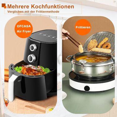 Аерофритюрниця OFCASA XL 3.8 л 1450 Вт, фритюрниця з гарячим повітрям, таймер на 30 хвилин і контроль температури 80-200C, фритюрниця без олії з подвійною ручкою Contro, кошик з антипригарним покриттям, безмасляна фритюрниця для чіпсів, чорна подвійна кно