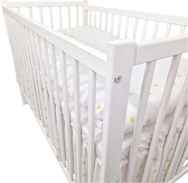 Предметний комплект дитячого ліжечка/колиски та постільної білизни Happy Leo, включаючи матрац з регульованою висотою для новонароджених, немовлят та малюків, з вишивкою (ведмедик, місяць, золоті зірки), 13-