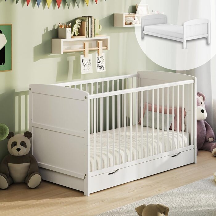 Дитяче ліжечко-трансформер 70x140 з шухлядою та матрацом, ліжечко, дитяче ліжко, регульована висота та знімні поручні інші розміри 60x120 см 70x140 см від народження до 6 років, біле 70x140 см з шухлядою / з матрацом