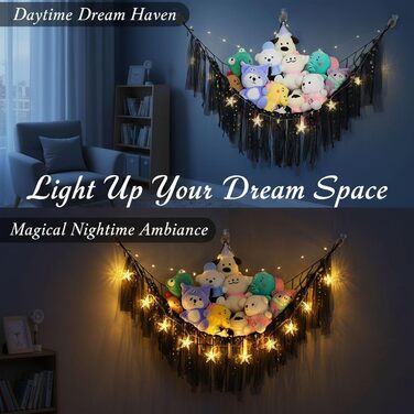 Гамак-іграшка з 2 м&39якими іграшками зі світлодіодними лампами, сітка для зберігання в дитячій кімнаті для організації плюшевих іграшок, декоративна підвісна сітка для декору спальні (чорний) Schwarz