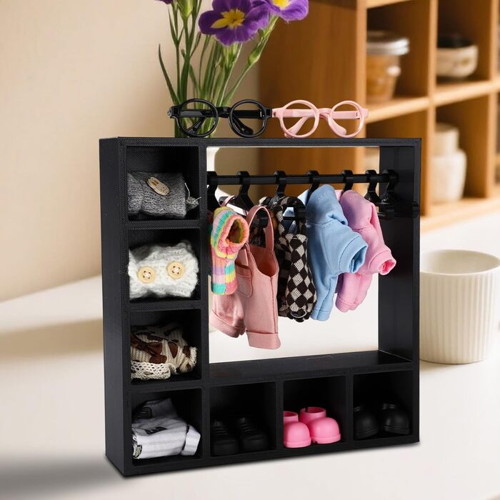 Шафа для ляльок, 20x20x5 см, Пластикова шафа для ляльок з 10 вішалками для організації одягу, взуття, капелюхів, сонцезахисних окулярів, сумок, різноманітного одягу та аксесуарів (чорна)