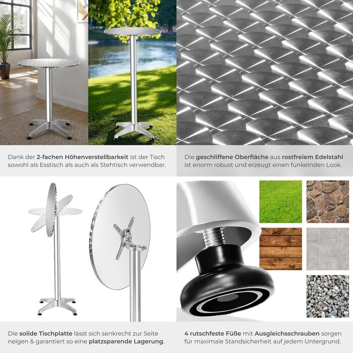 В-1 розкладний стіл Ø 60 см, бістро-стіл, розкладний балконний стіл, алюмінієвий барний стіл, стіл з регульованою висотою 75 см / 115 см, стіл для вечірок, круглий обідній стіл, садовий стіл, розкладний стіл - сріблястий 75/115 см / Ø вертикальної труби 5