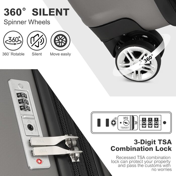 Валіза KONO, ручна поклажа, легка тверда оболонка, з замком TSA та подвійними обертовими колесами для подорожей та бізнесу, 55x35x22 см, сіро-сіра M (55 x 35 x 22 см)