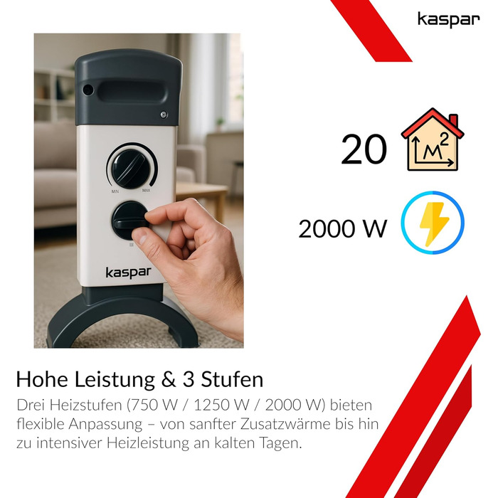Конвекторний радіатор KASPAR з термостатом та 3 режимами нагріву, електричний обігрівач потужністю 750/1250/2000 Вт, білий