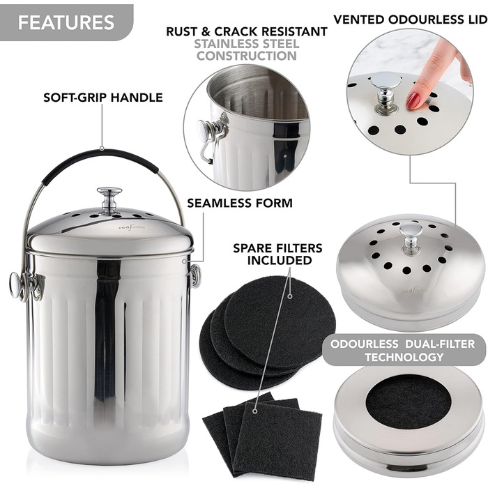 Преміум контейнер для компосту для кухні з нержавіючої сталі Без запаху - Контейнер для органічних відходів - У комплекті з безкош