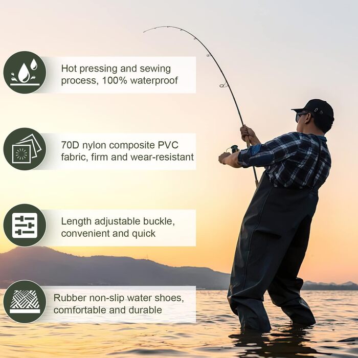 Вейдерси, чоловічі водонепроникні вейдерси, рибальські вейдерси з нейлонового композиту 70D та ПВХ, рибальські вейдерси з чобітьми, вейдерси для чоловіків та жінок для будівельних майданчиків, риболовлі, ферм, садів, розмір L, темно-зелені