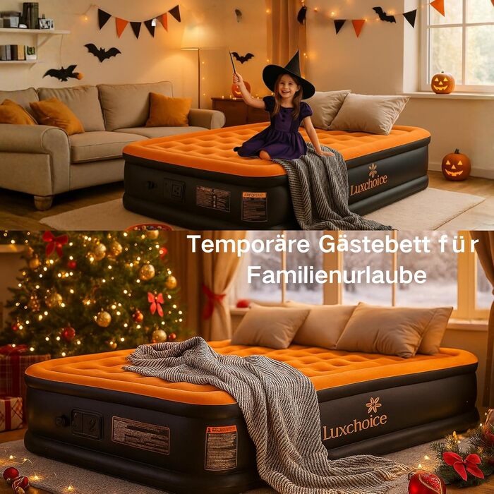 Самонадувальний надувний матрац для 2 осіб з вбудованим електричним насосом, преміальне гостьове ліжко, надувний матрац для кемпінгу або домашнього використання, темно-помаранчевий, 205x155x38 см