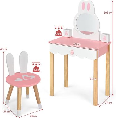 Дитячий туалетний столик LIFEZEAL 2 в 1, дитячий косметичний столик зі знімним дзеркалом і табуреткою, туалетний столик для дівчат