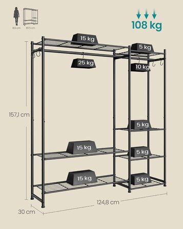 Вішалка для одягу SONGMICS, Відкрита шафа, Вішалка для пальто з 7 полицями, 2 вішалки для одягу, 4 S-подібних гачки, Металевий каркас, для спальні, вітальні, вхідної зони, Чорний LGR010BZ01 124.8W см