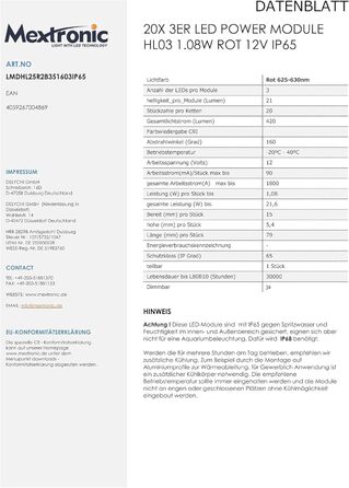 Набір світлодіодних модулів 20 шт. Потужний світлодіодний модуль HL03 1.08W Червоний 12V IP65