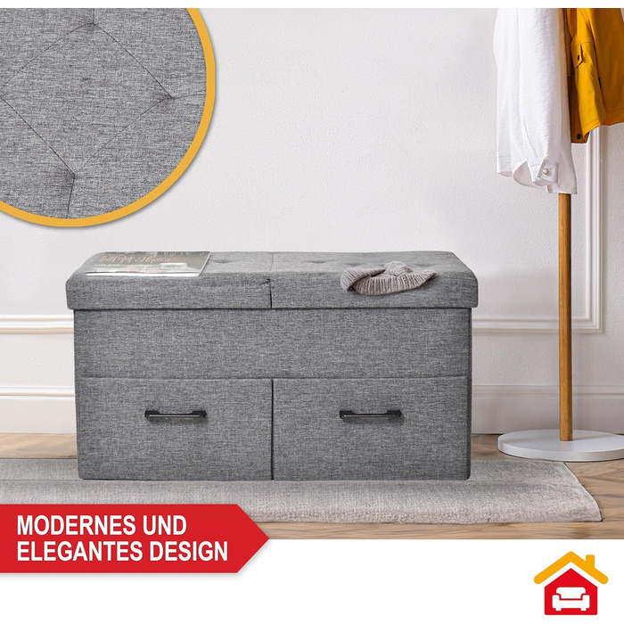 Лавка для зберігання речей - з практичним місцем для зберігання речей - кришка на петлях та шухляди - коробка для зберігання сірого кольору - м&39яка - ідеальні меблі для вітальні, коридору тощо (2 шухляди)