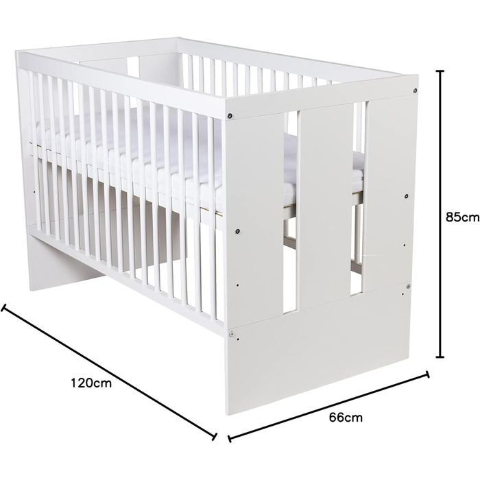 Дитяче ліжко Paulus White 12060 см Дитяче ліжечко/ліжечко з 3 рівнями регулювання висоти Лакована сосна та МДФ Стійке та безпечне (матрац не входить до комплекту)