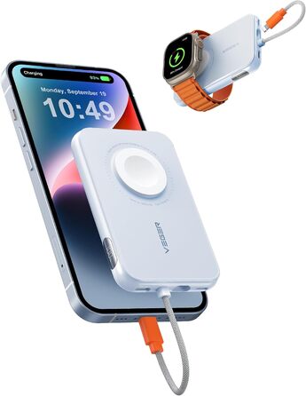 Із вбудованим кабелем Apple, із зарядкою Apple Watch, USB-C, зовнішній акумулятор мобільного телефону, світлодіодний дисплей, сумісний із iPhone, Apple Watch(9-1), мобільними телефонами тощо(синій), 20W PD, 5000mAh Power Bank