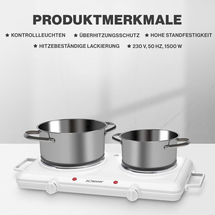 Подвійна конфорка Bomann Потужна конфорка з безступінчатими термостатами 2 конфорки Cool-TouchGrips Подвійна варильна поверхня на 1500 Вт/1000 Вт DKP 5028 CB Одинарна подвійна конфорка