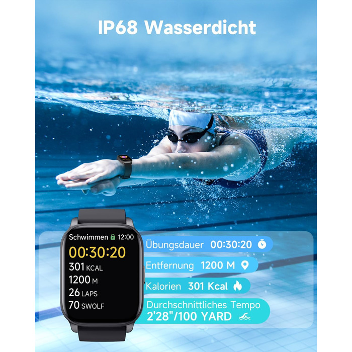 Розумний годинник TOOBUR з функцією телефону, сумісний з Alexa, фітнес-годинник зі 100 видами спорту, серцевий ритм, сон, фітнес-трекер для чоловіків та жінок, водонепроникний IP68, сумісний з Android та iOS, темно-чорний