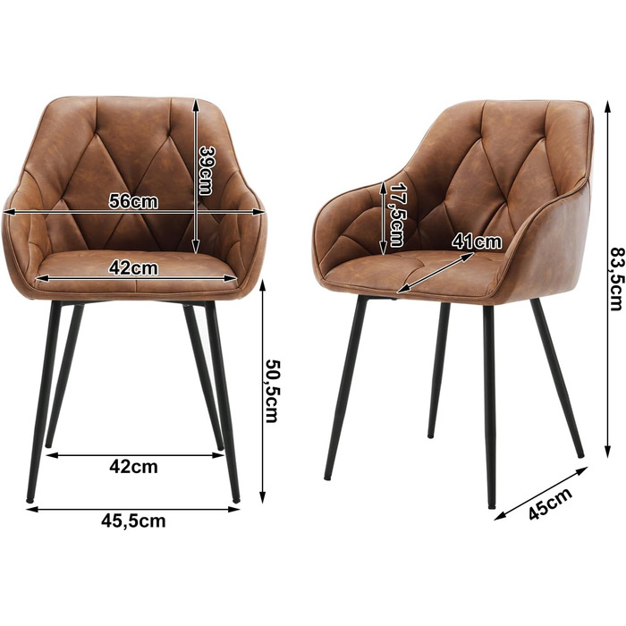 Обідні стільці WOLTU, комплект з , для їдальні та вітальні, ергономічні кухонні стільці, оббиті підлокітниками, металеві ніжки, сидіння зі штучної шкіри у вінтажному стилі, коричневий колір, комплект з