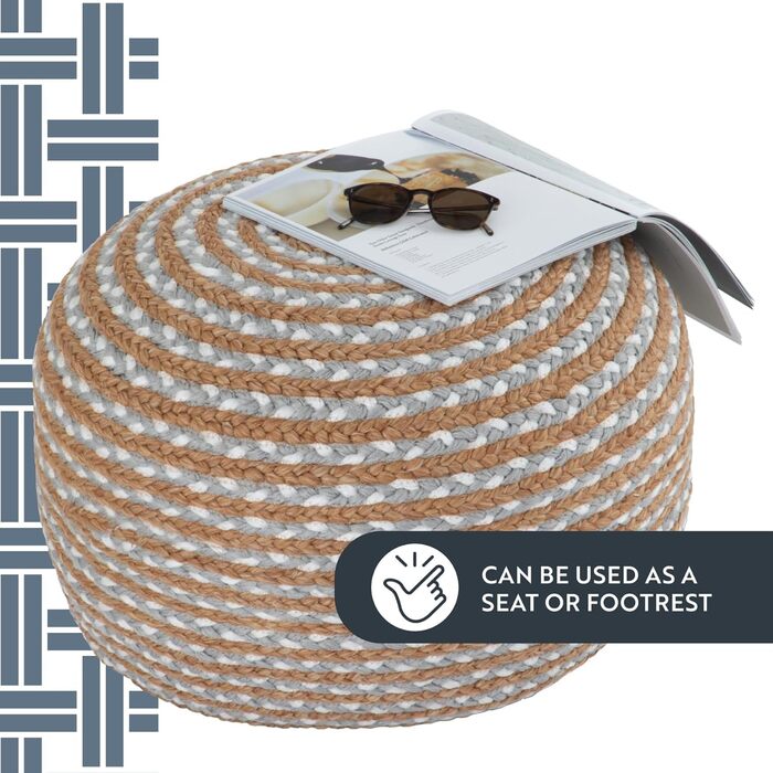 Круглий пуф-отоманка, пуф для ніг, джутовий пуф, табурет, подушка сидіння, декор для дому в стилі бохо, додатковий пуф-сидіння для вітальні, спальні, приміщень, колір Arctic Circle 55 x 55 x 30 см, колір Natural Ice Blue