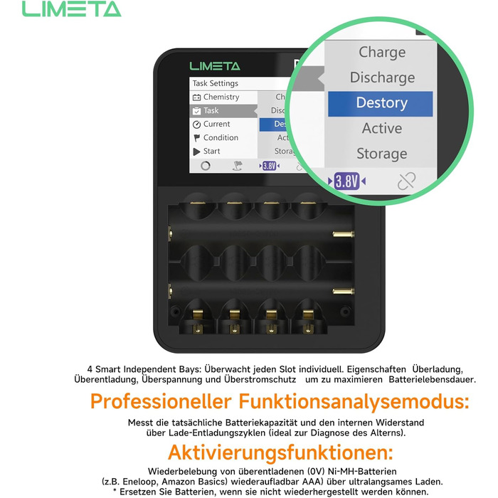 Зарядний пристрій LIMETA 18650 для акумуляторів AA AAA з 42 незалежними слотами, підтримує розряд/аналіз, з РК-дисплеєм, для 3.7V Li-Ion/Ni-MH/Li-Fe/1.5V Lithium 18650 18700 20650 20700 21700 26650 AA AAA R4EVO