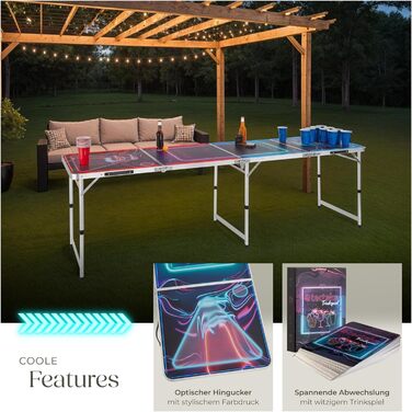Стіл для пивного понгу tectake з декорацією для вечірки, світлодіодним освітленням, стіл з регульованою висотою, розкладний стіл, комплект з аксесуарами, стіл для пивного понгу, 100 пластикових стаканчиків, 6 м&39ячів та карткова гра з напоями BeerWars I