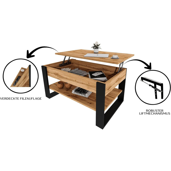 Журнальний столик з підйомною стільницею Стіл для вітальні з регульованою висотою та місцем для зберігання Сучасний чорний дубовий диванний столик Wotan з полицею та прихованим відділенням Журнальний столик для вітальні та офісу, чорний