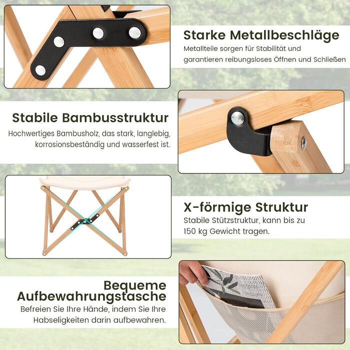 Складаний кемпінговий стілець COSTWAY, комплект з 2 шт. , з лляним сидінням та бамбуковим каркасом, витримує до 150 кг, включає сумку для перенесення, для кемпінгу, використання на вулиці та в приміщенні, бежевий